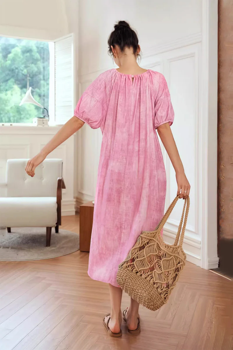 Pink Loose Puff-Sleeve Tie-Dye Midi Dress - HBQMJX