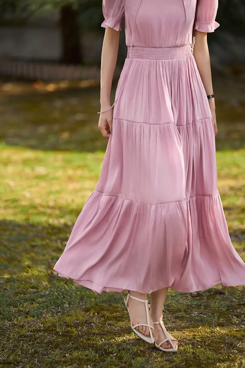 Pink Silky Tiered Puff-Sleeve Maxi Dress - HBQMJX