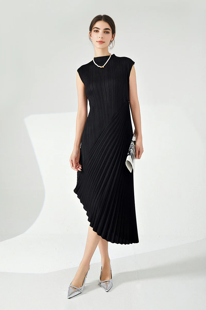 Designer Inspired Pleated Asymmetrical Sleeveless Midi Dress - HBQMJX