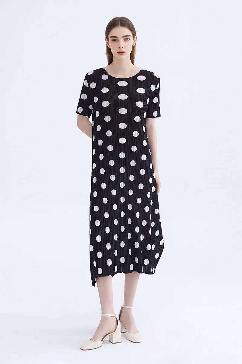 Designer Inspired Pleated Polka Dot Midi Dress - HBQMJX