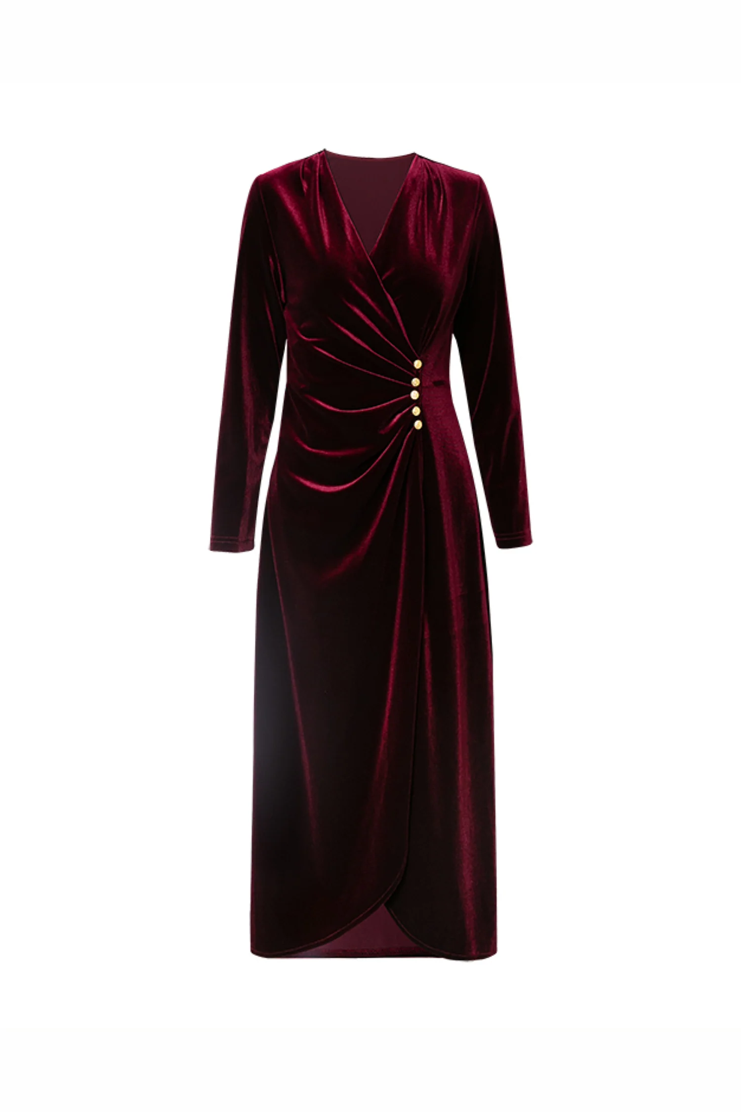 Burgundy Velvet Ruched Long Sleeve V-Neck Midi Dress - HBQMJX