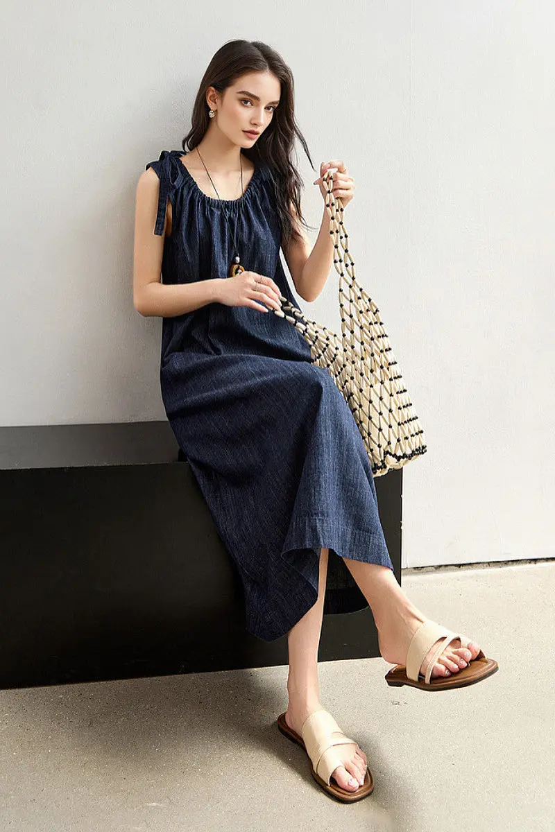 Denim Trapeze Tie-Strap Midi Dress - HBQMJX