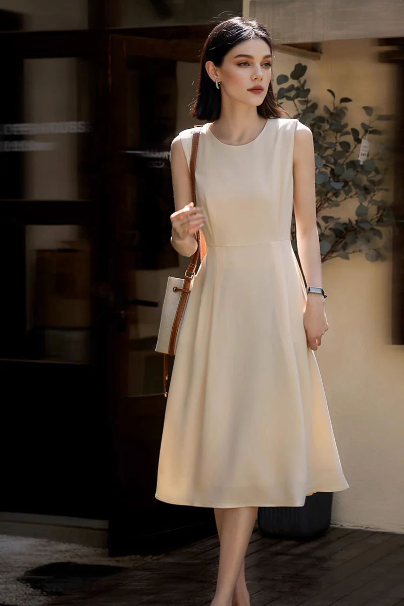 Elegant Acetate Sleeveless Fit & Flare Midi Dress - HBQMJX
