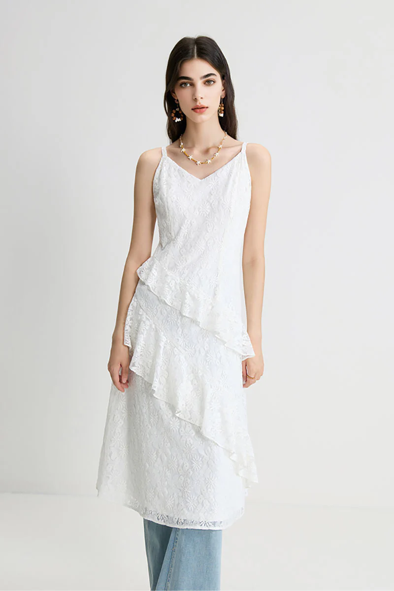 White Lace Tiered Sleeveless V-Neck Midi Dress - HBQMJX