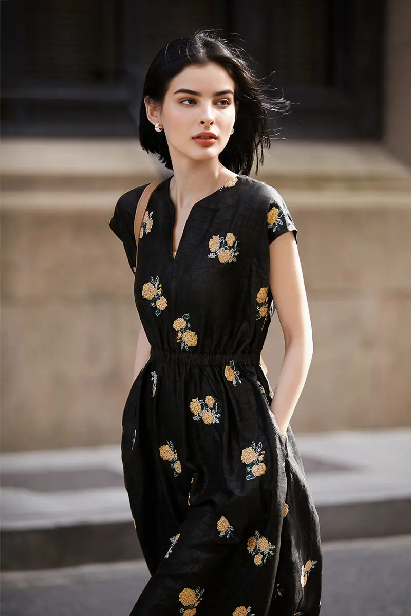 Xiang Yun Silk Floral Hand-Embroidery Midi Dress - HBQMJX