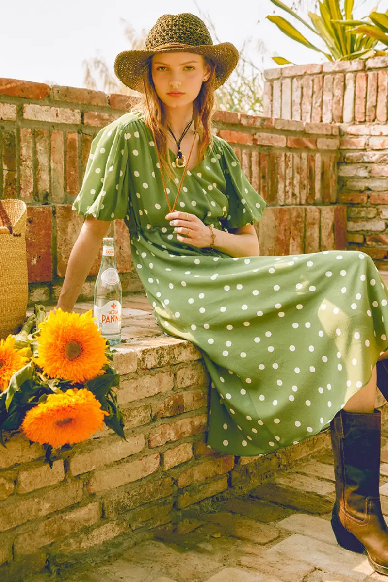 Vintage Silk Double Crepe Polka Dot Midi Dress in Green - HBQMJX