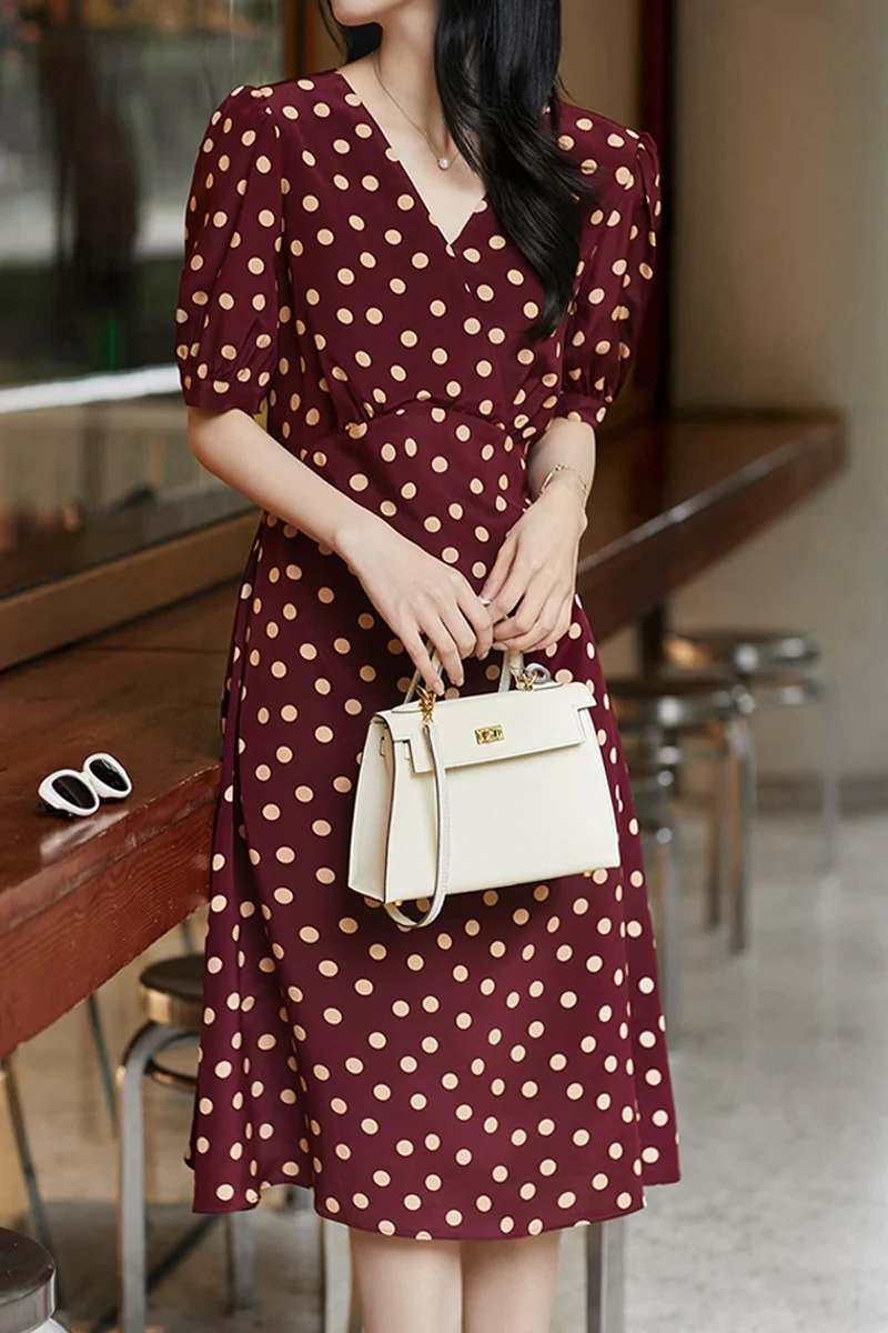 100 Mulberry Silk Red Polka-Dot Midi Tea Dress - HBQMJX