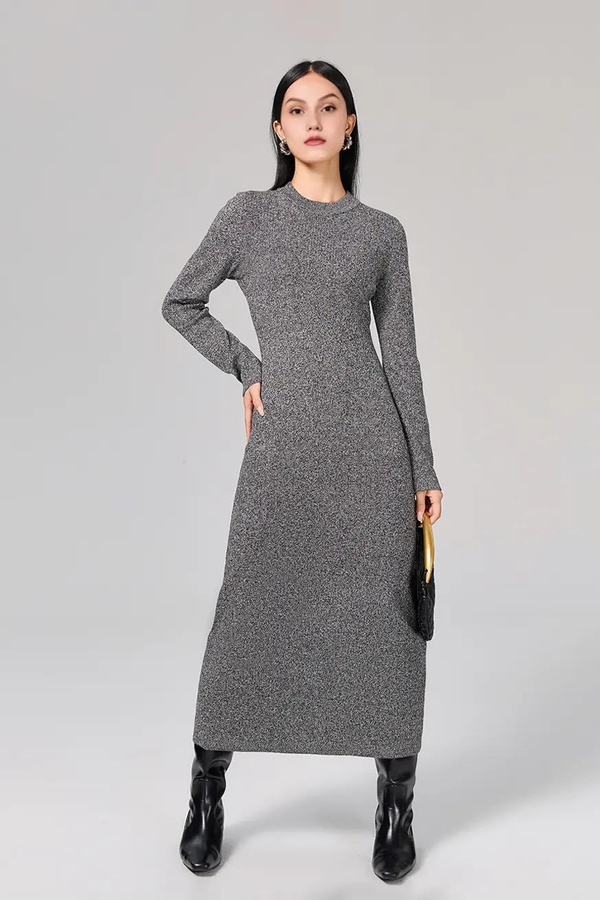 Slim Fit Long Sleeve Knit Wool Maxi Dress - HBQMJX
