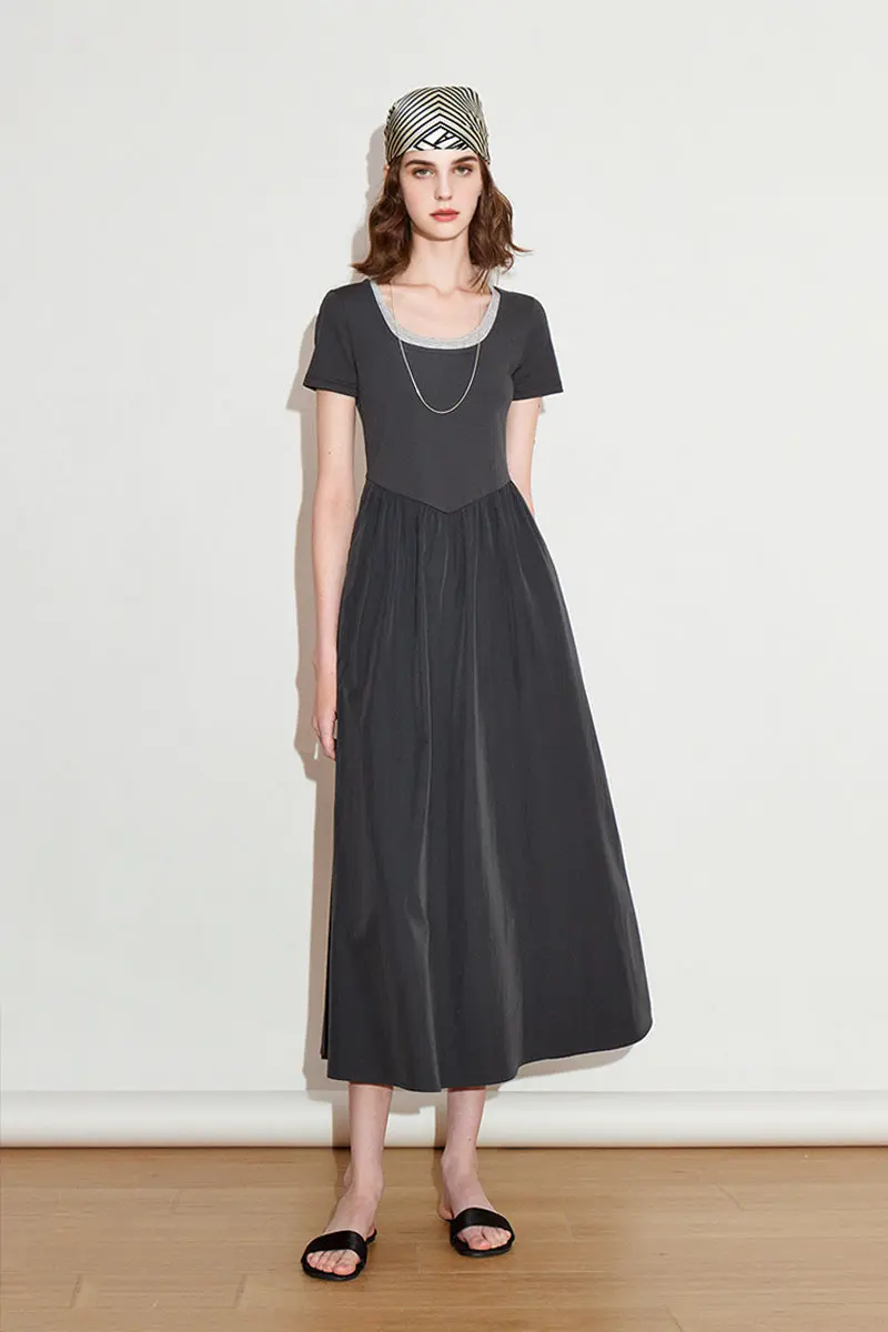 Cotton Short-Sleeve Mixed-Media Fit & Flare Midi Dress - HBQMJX