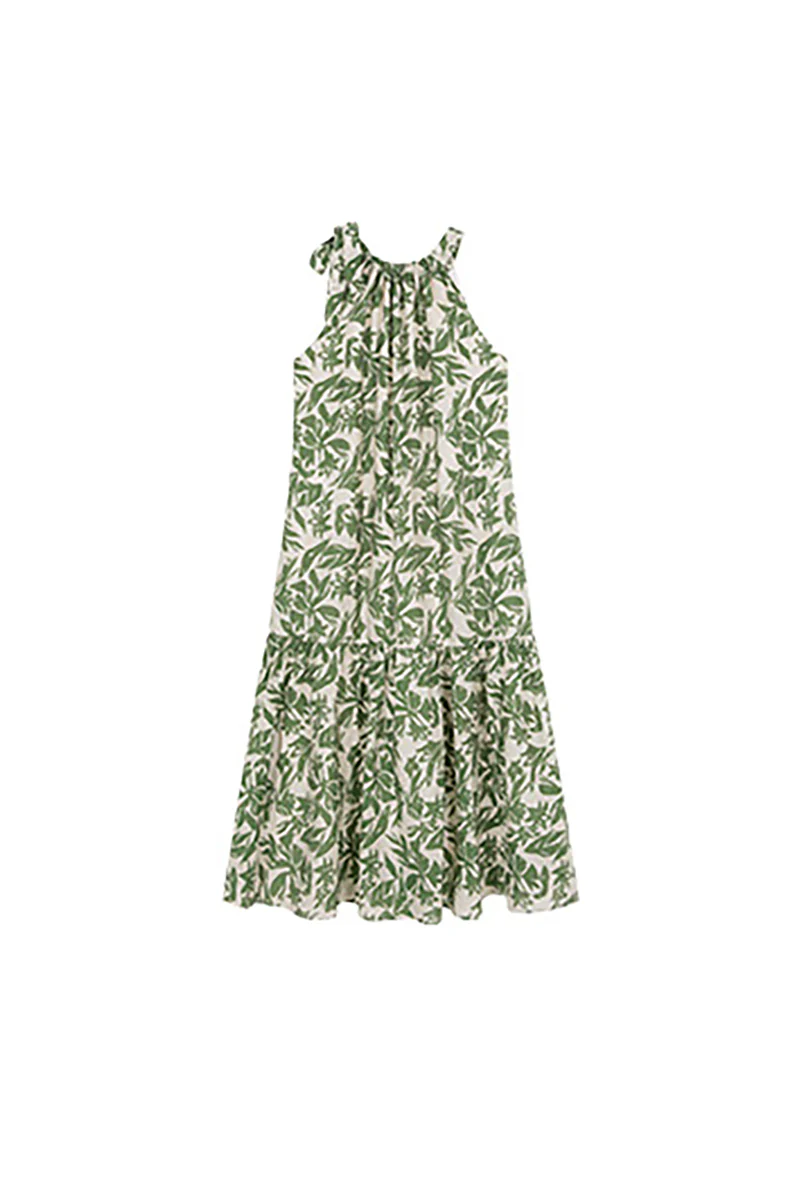Green Floral Halter-Neck Beach Midi Dress - HBQMJX