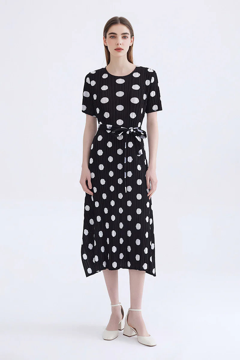 Designer Inspired Pleated Polka Dot Midi Dress - HBQMJX