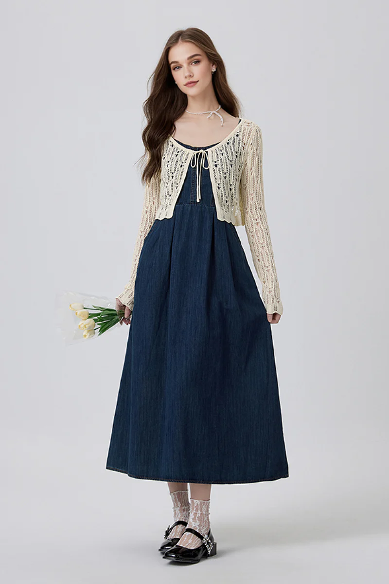 Denim Spaghetti-Strap Midi Dress With Pockets - HBQMJX