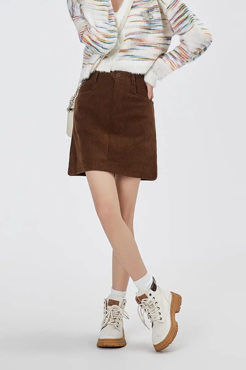 High Waist Corduroy Mini Skirt With Side Pockets - HBQMJX