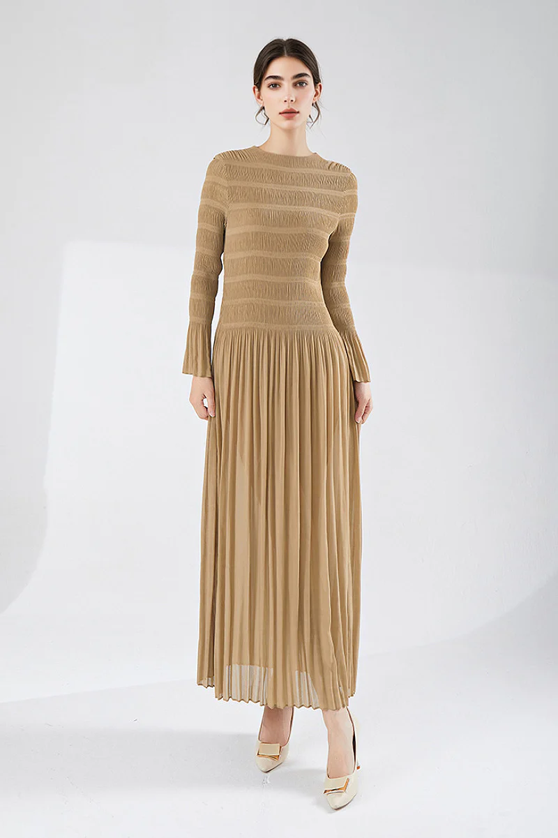 Designer Inspired Pleated Long Sleeve Smocked Maxi Dress - HBQMJX