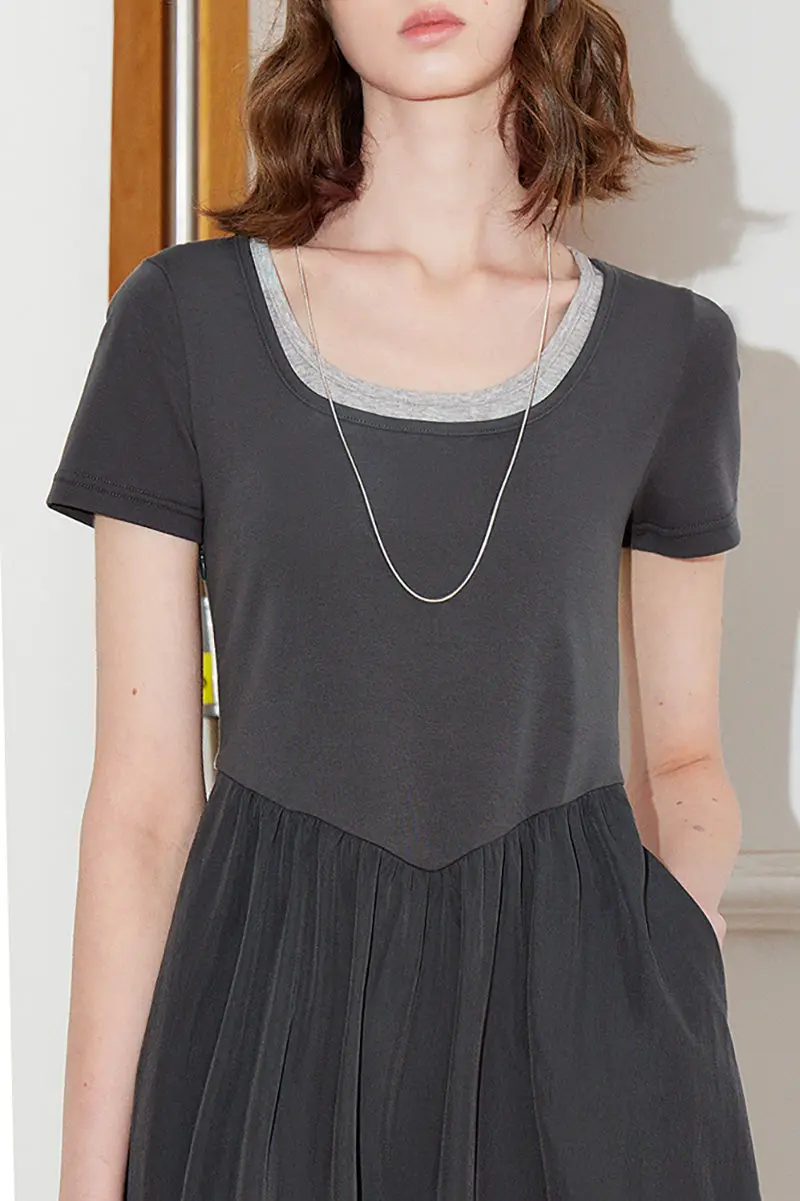 Cotton Short-Sleeve Mixed-Media Fit & Flare Midi Dress - HBQMJX