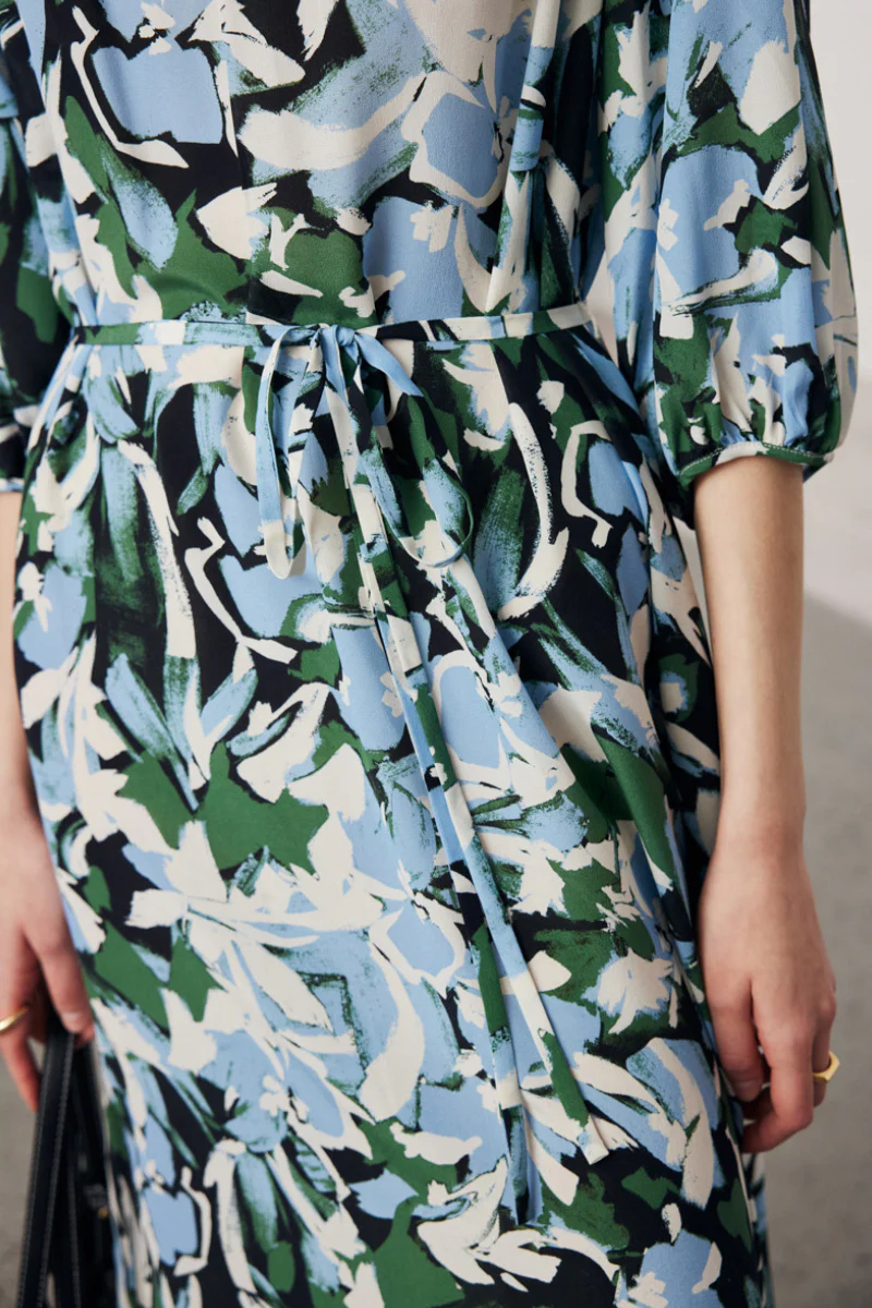 100 Mulberry Silk Floral Balloon-Sleeve Tie-Waist Midi Dress with Pockets - HBQMJX