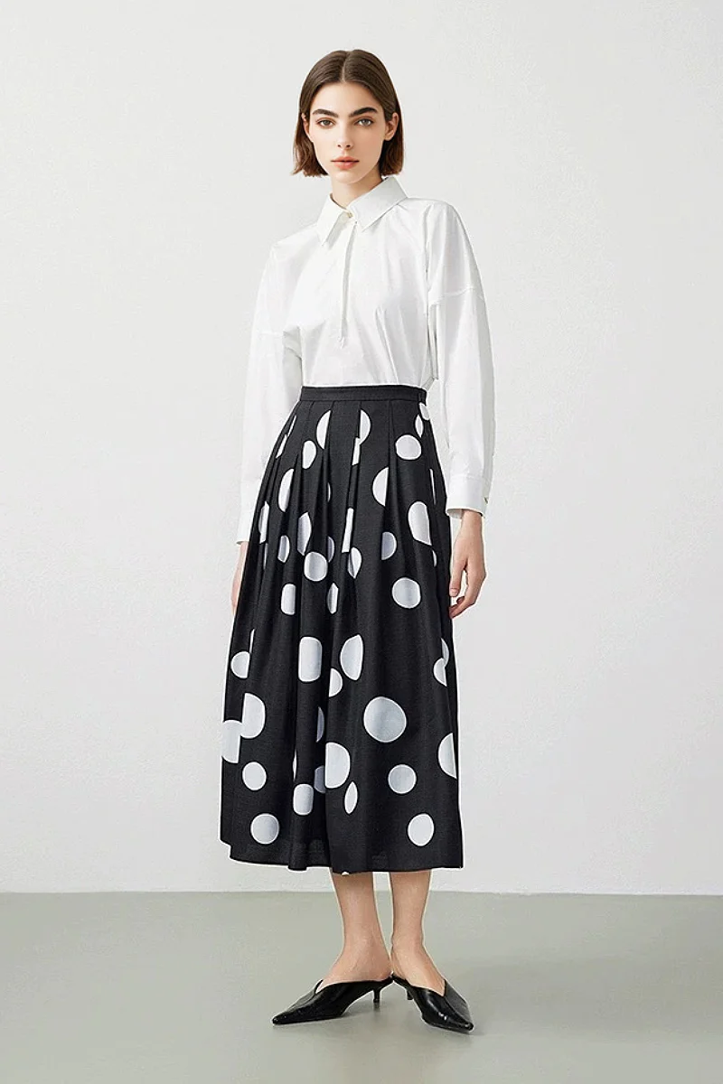 Black Pleated Polka Dot A-Line Midi Skirt with Pockets - HBQMJX