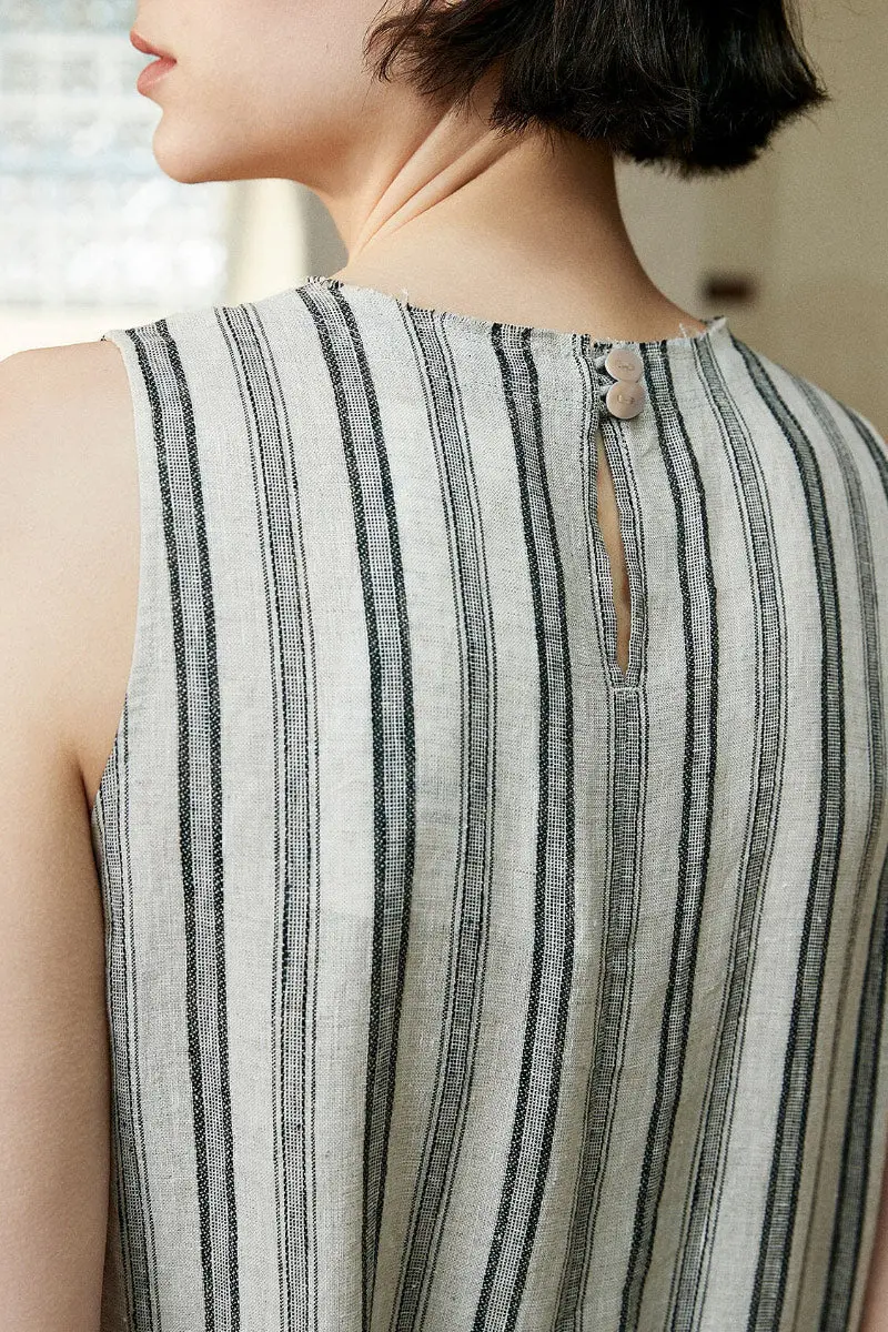 100 French Linen Striped Sleeveless Maxi Dress - HBQMJX