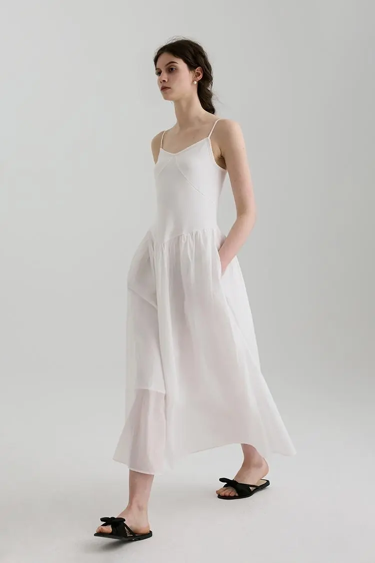 Fit and Flare Cotton Midi Dress with Side Pockets - HBQMJX