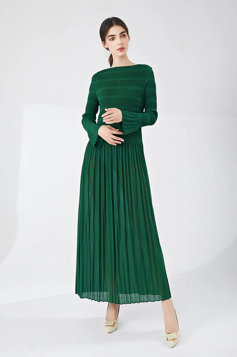 Designer Inspired Pleated Long Sleeve Smocked Maxi Dress in Emerald Green - HBQMJX