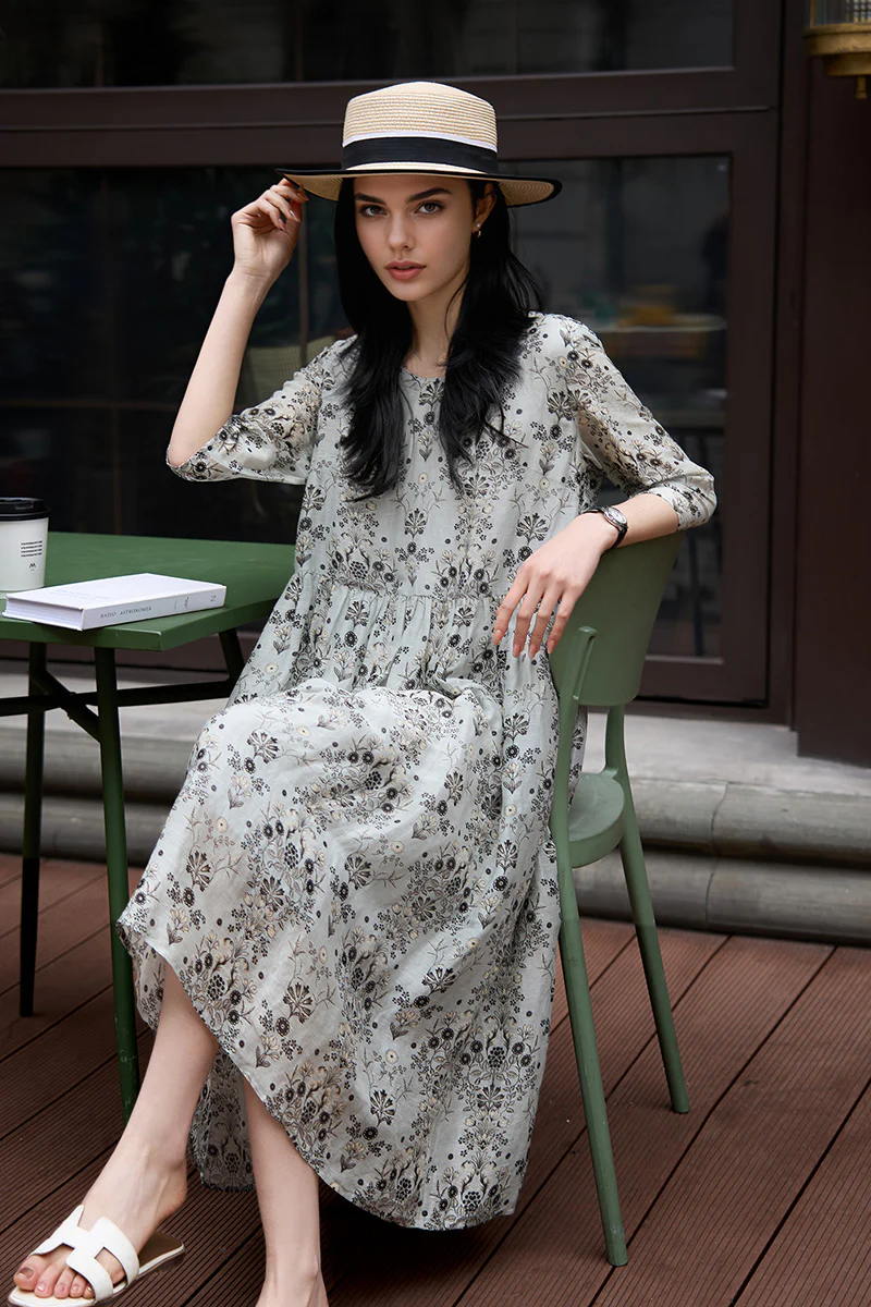 Floral Elbow-Sleeve Midi Dress in Linen-Silk Blend - HBQMJX