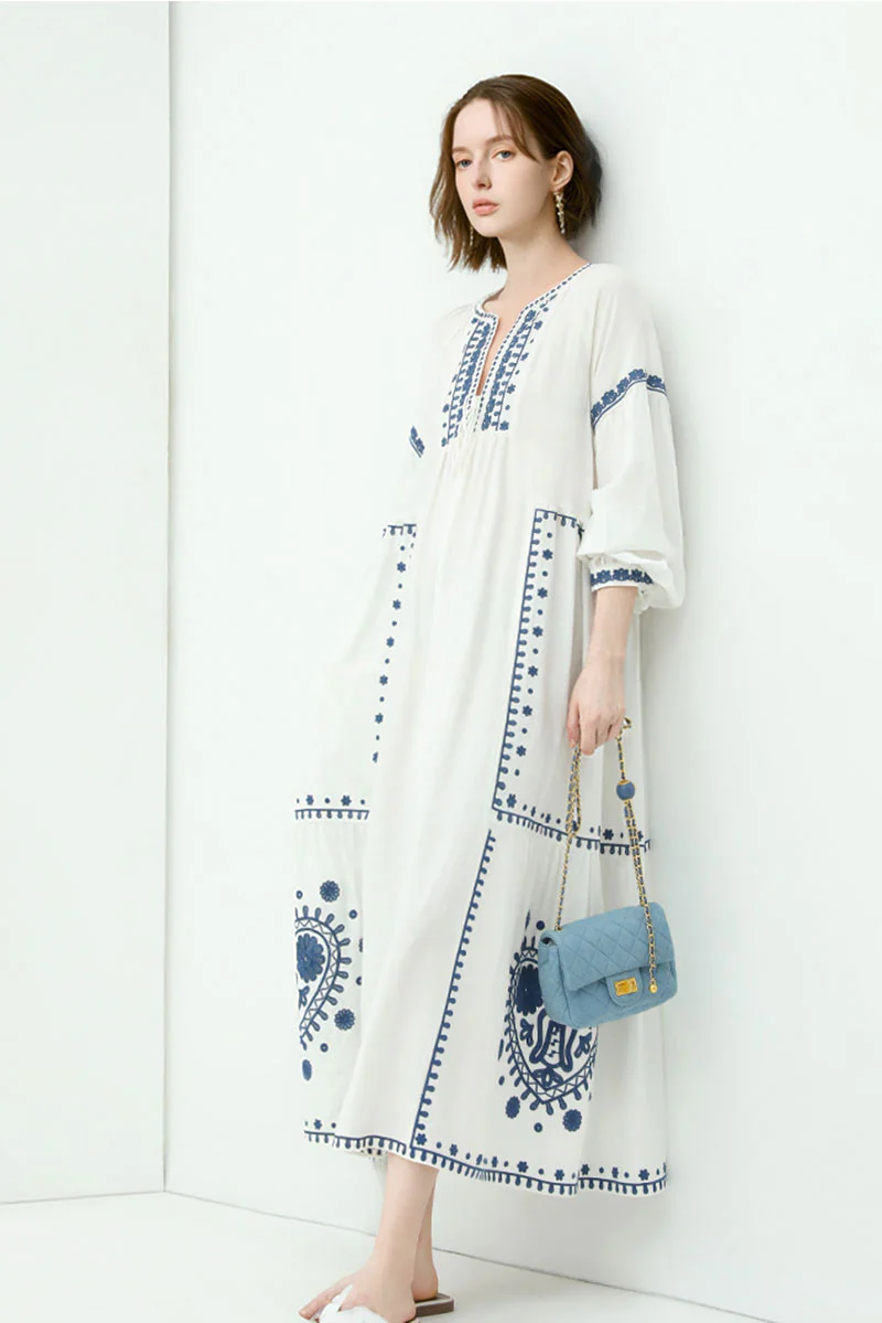 Boho Embroidered Long-Sleeve Split-Neck Maxi Dress - HBQMJX