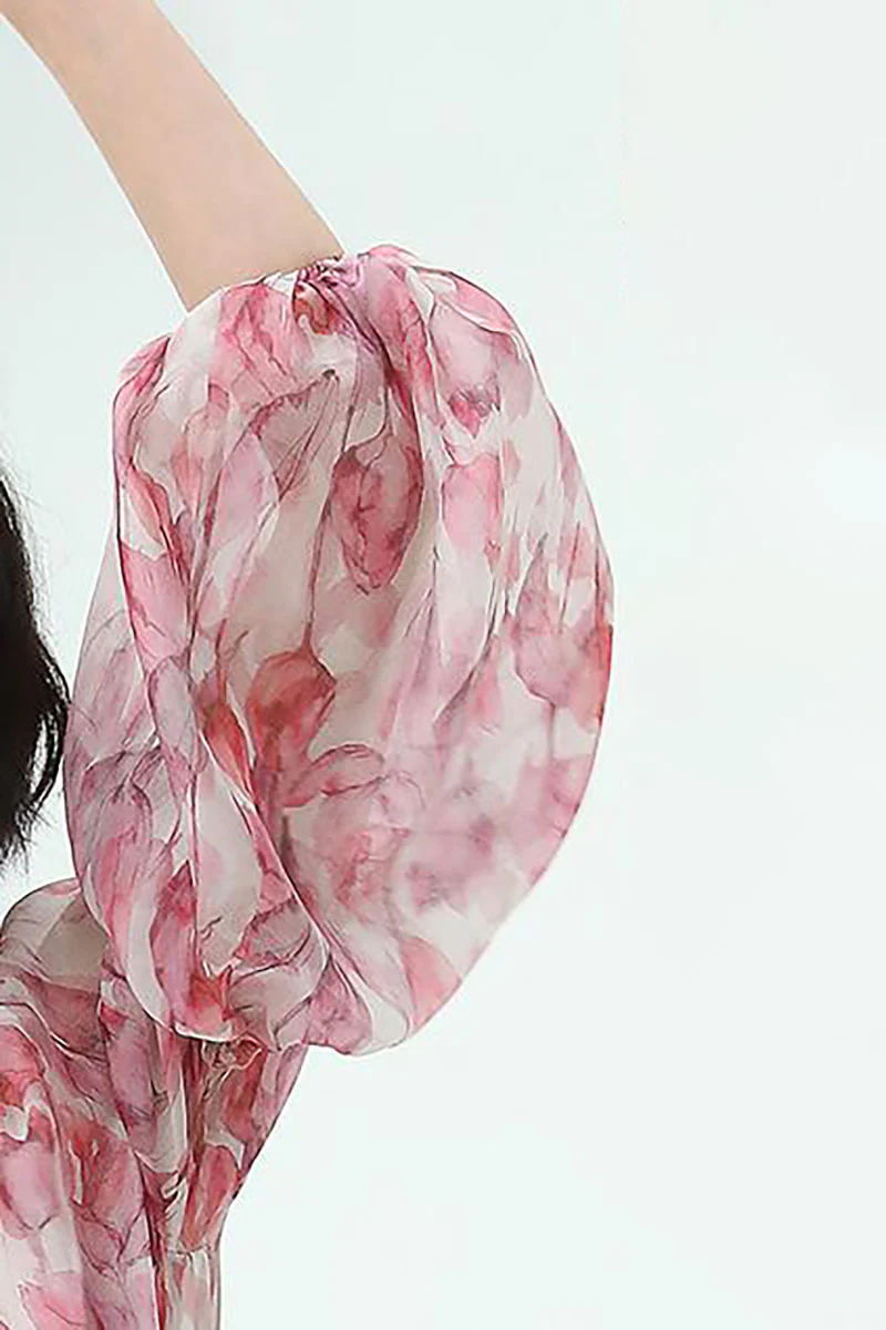 Boho Flower Balloon-Sleeve V-Neck Chiffon Maxi Dress with Underdress - HBQMJX