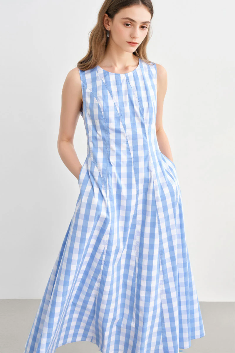 Blue Gingham Sleeveless A-Line Midi Dress - HBQMJX