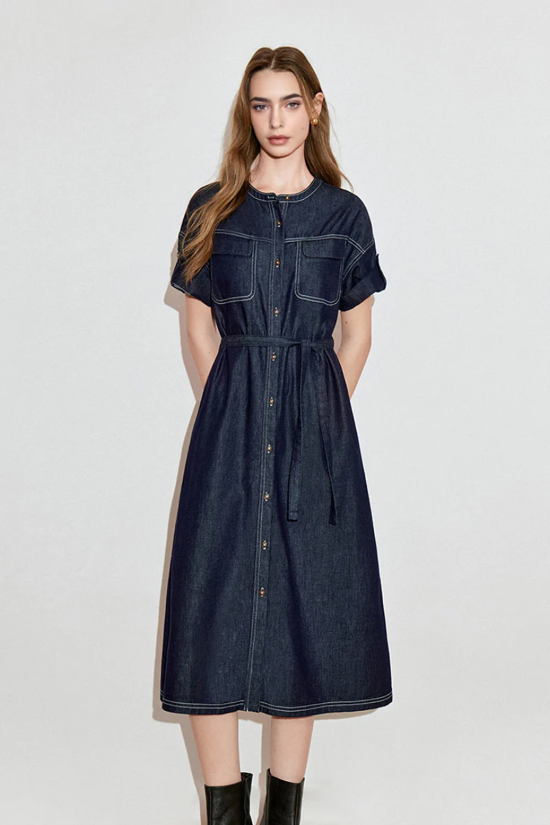 Denim Short-Sleeve Button-Up Belted Midi Shirt Dress with Back Slit - HBQMJX