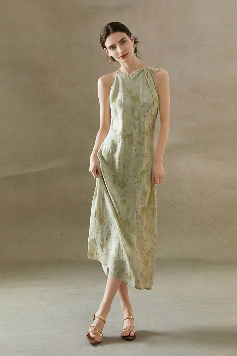 Sage Green Jacquard Halter Midi Dress with Shoulder Bow - HBQMJX