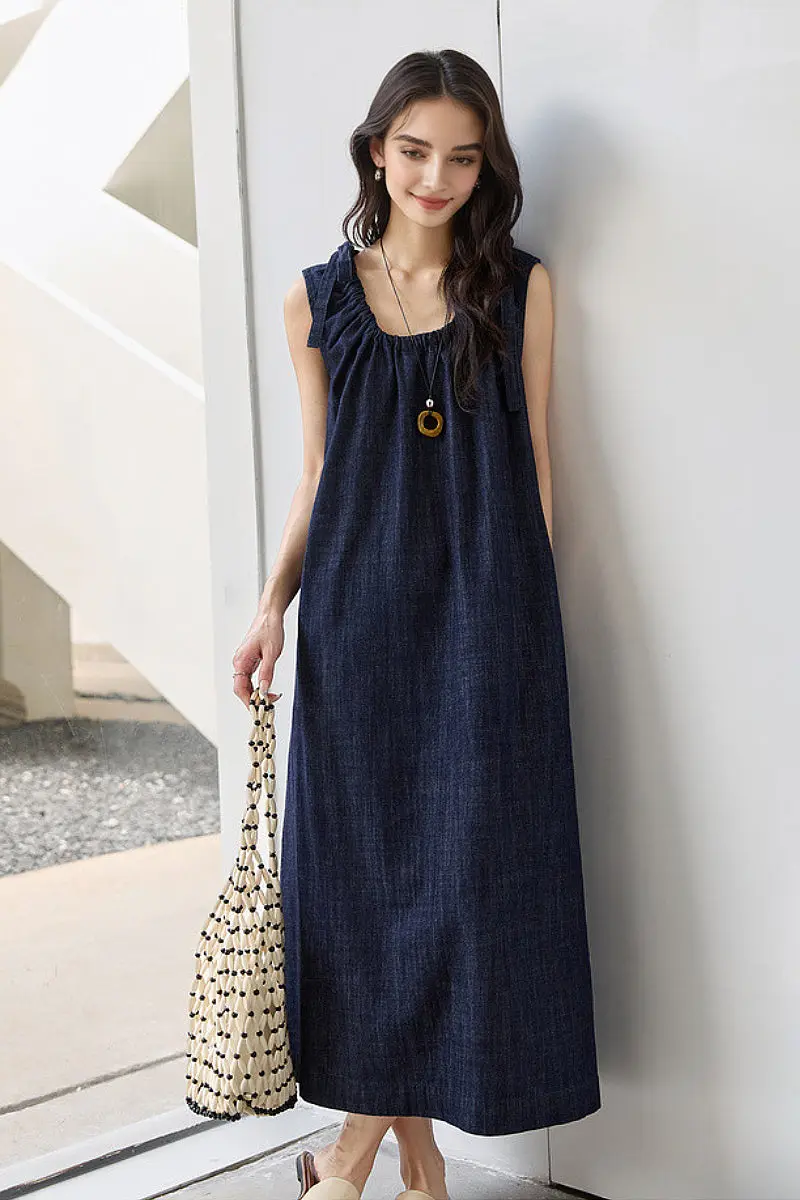 Denim Trapeze Tie-Strap Midi Dress - HBQMJX