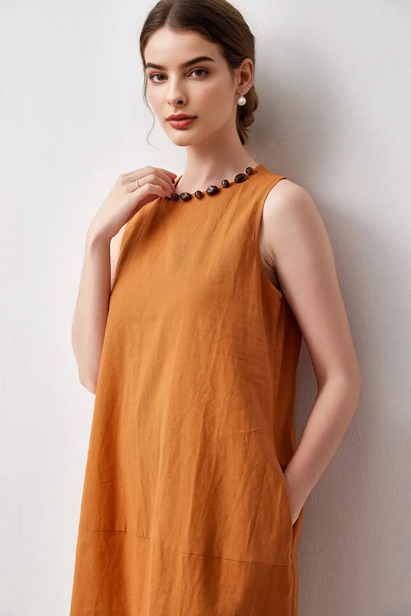 100 Linen Sleeveless Midi Dress With Back Slit - HBQMJX