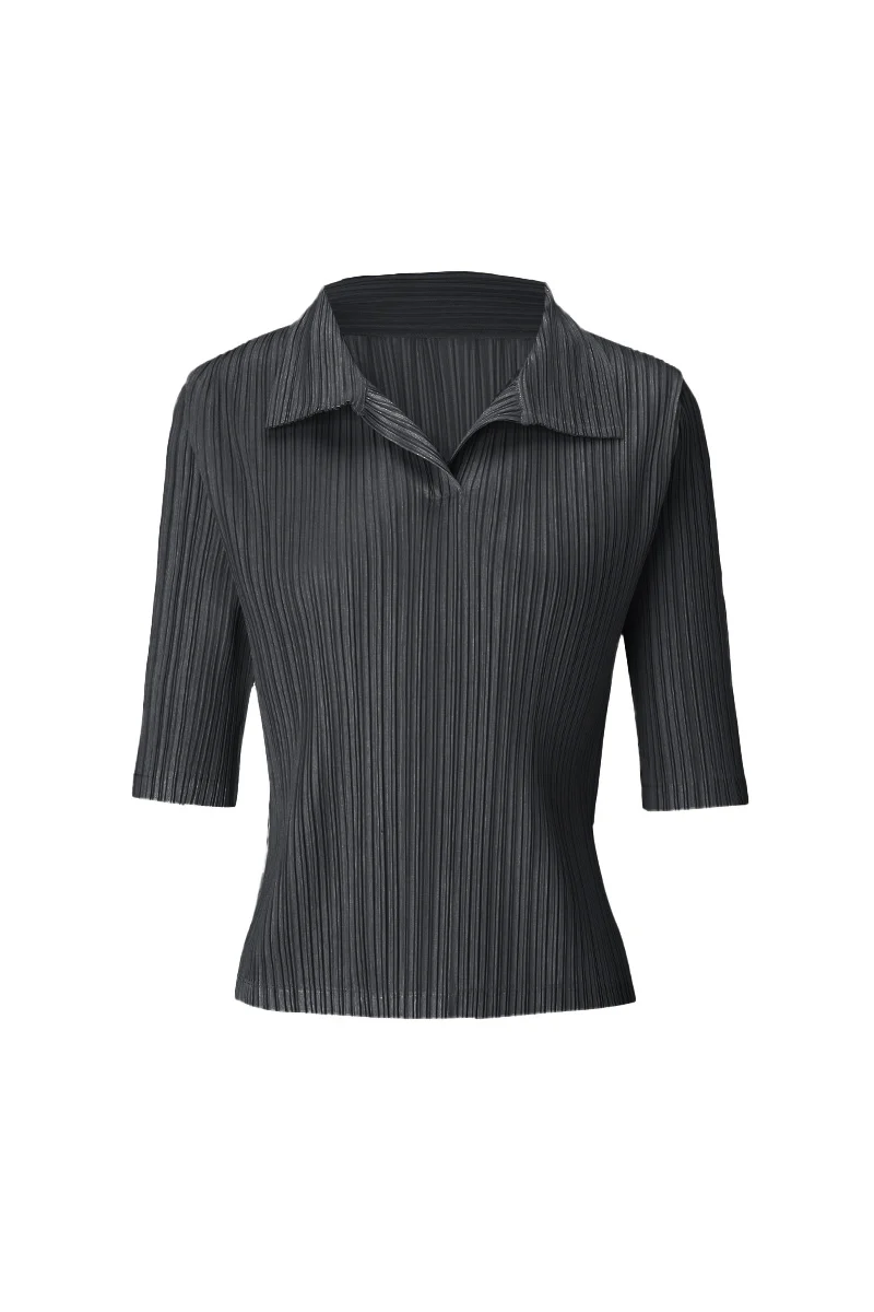 Designer-Inspired Pleated Elbow-Sleeve Polo Shirt - HBQMJX