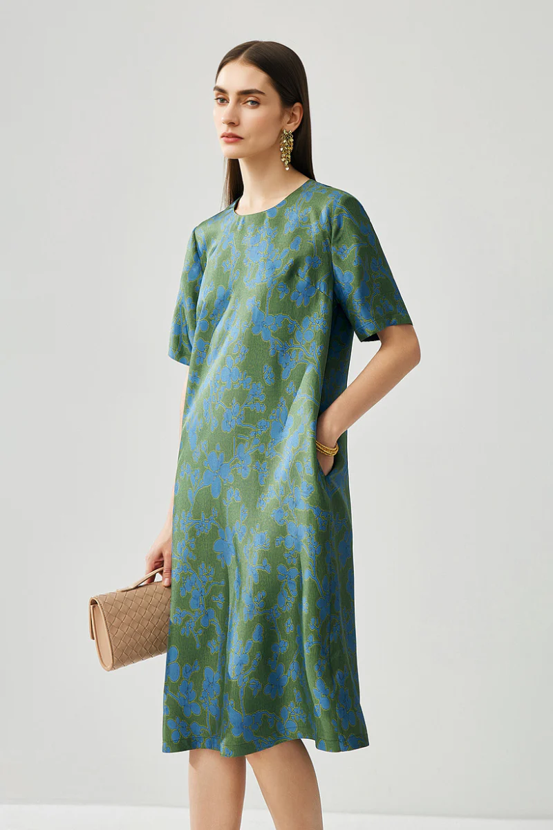 100% Silk Floral Short-Sleeve Shift Dress with Pockets - HBQMJX