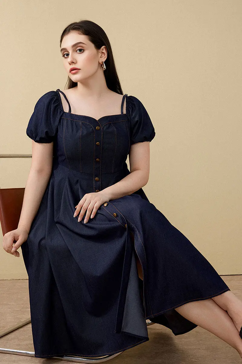 Denim-Inspired Off-Shoulder A-Line Midi Dress with Decorative Buttons - HBQMJX