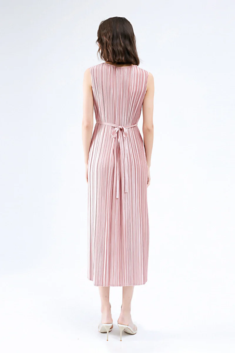 Designer Inspired Pleated Sleeveless Wrap Midi Dress in Pink - HBQMJX