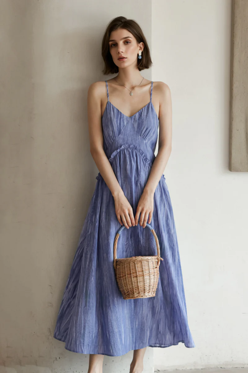 Blue Tie-Dye Spaghetti-Strap Midi Dress - HBQMJX