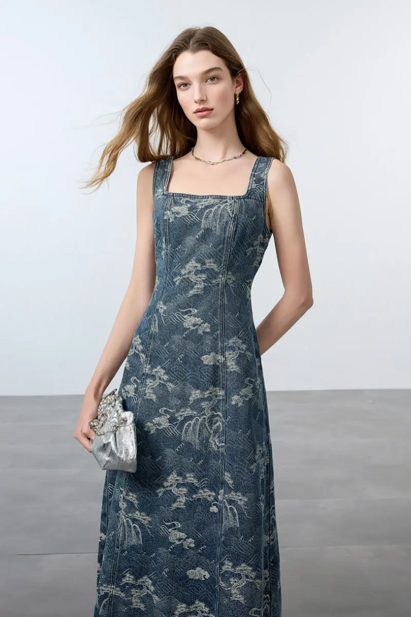 Denim Jacquard Square-Neck A-Line Midi Dress - HBQMJX