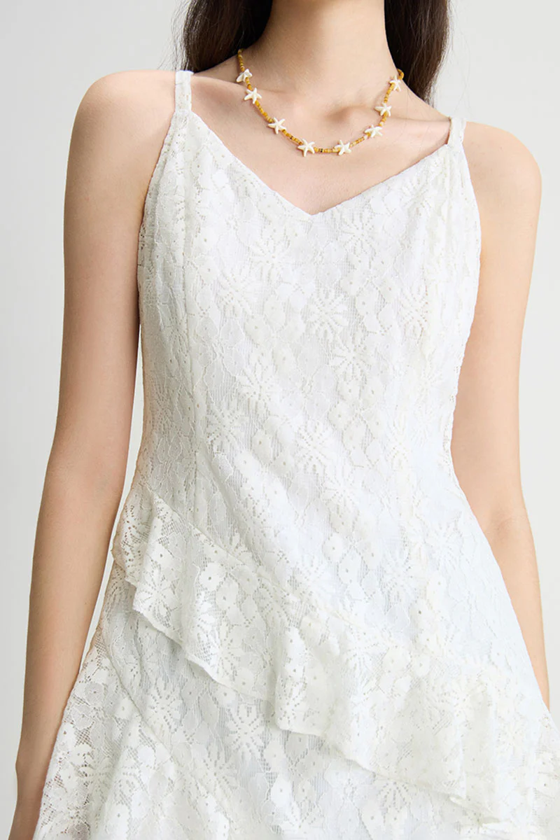 White Lace Tiered Sleeveless V-Neck Midi Dress - HBQMJX
