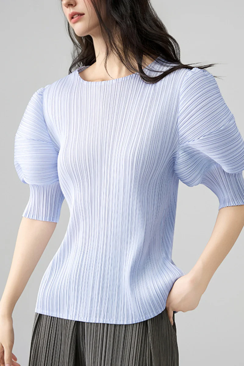 Designer Inspired Pleated Puff-Sleeve Top - HBQMJX