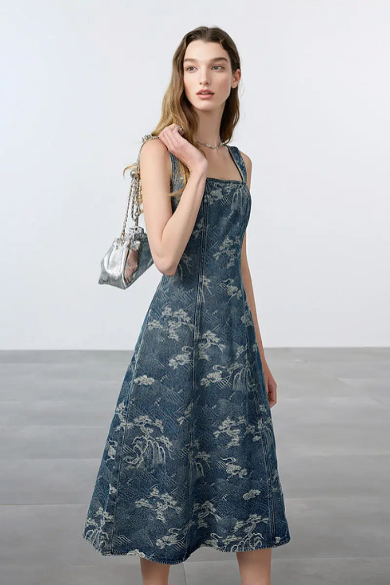 Denim Jacquard Square-Neck A-Line Midi Dress - HBQMJX