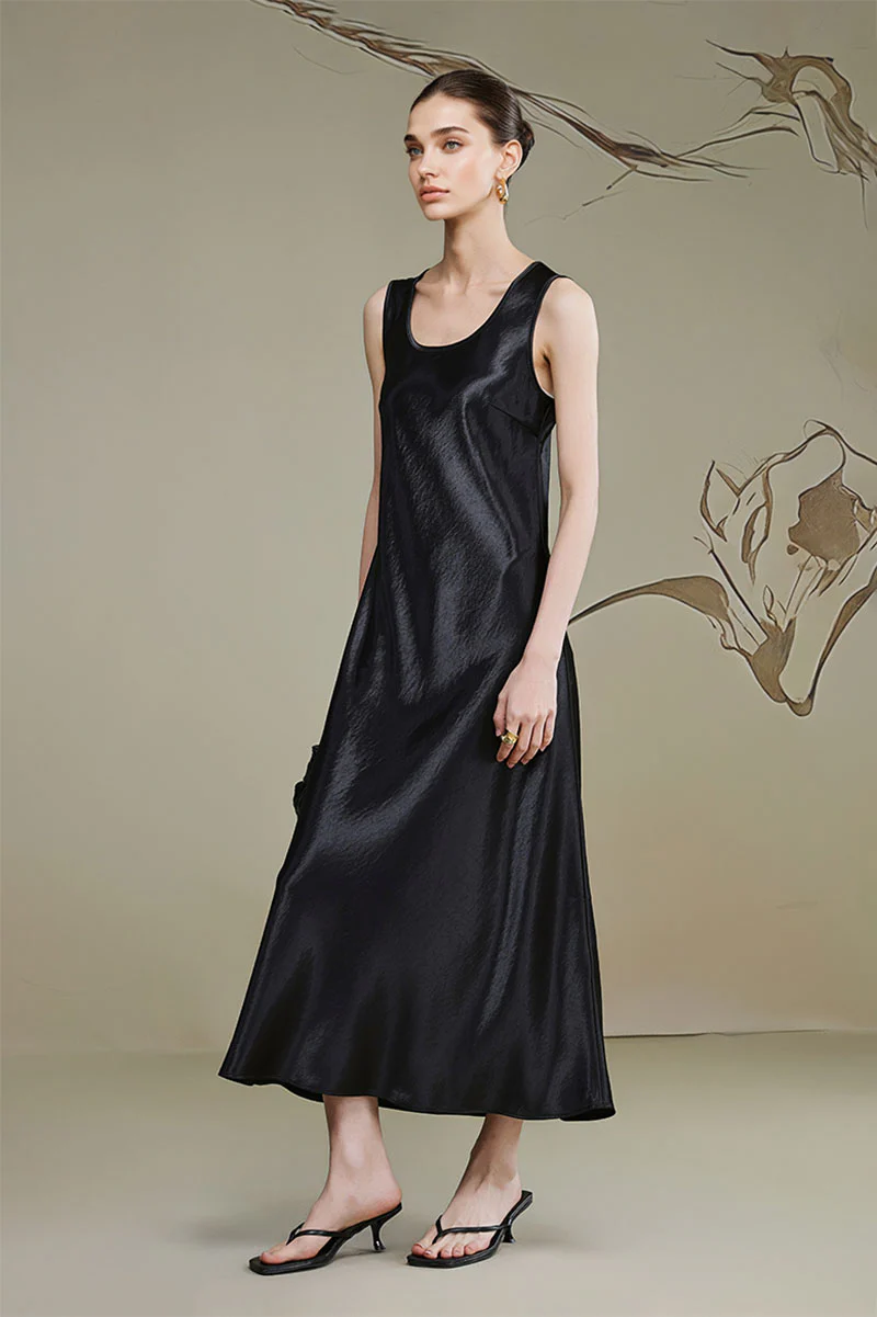 Satin Sleeveless Scoop-Neck Tank Midi Dress - HBQMJX