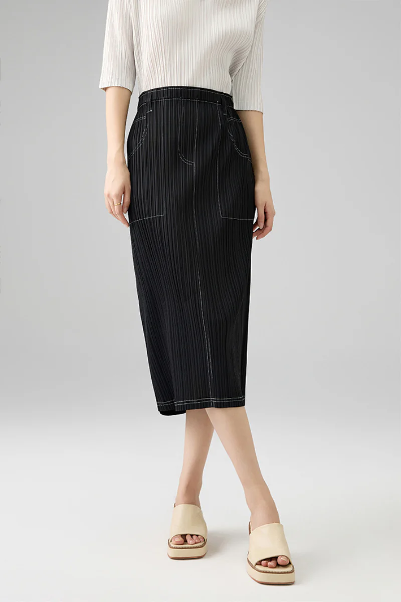 Designer Inspired Pleated Pull-On Midi Skirt - HBQMJX