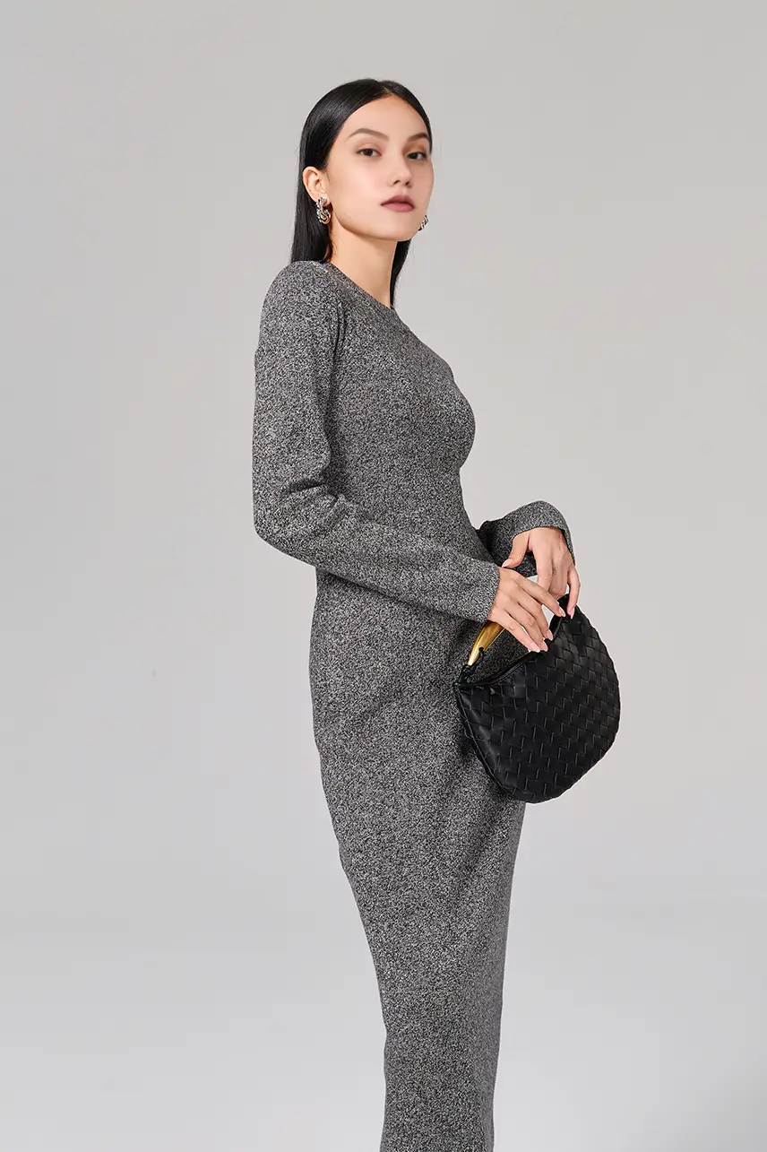 Slim Fit Long Sleeve Knit Wool Maxi Dress - HBQMJX