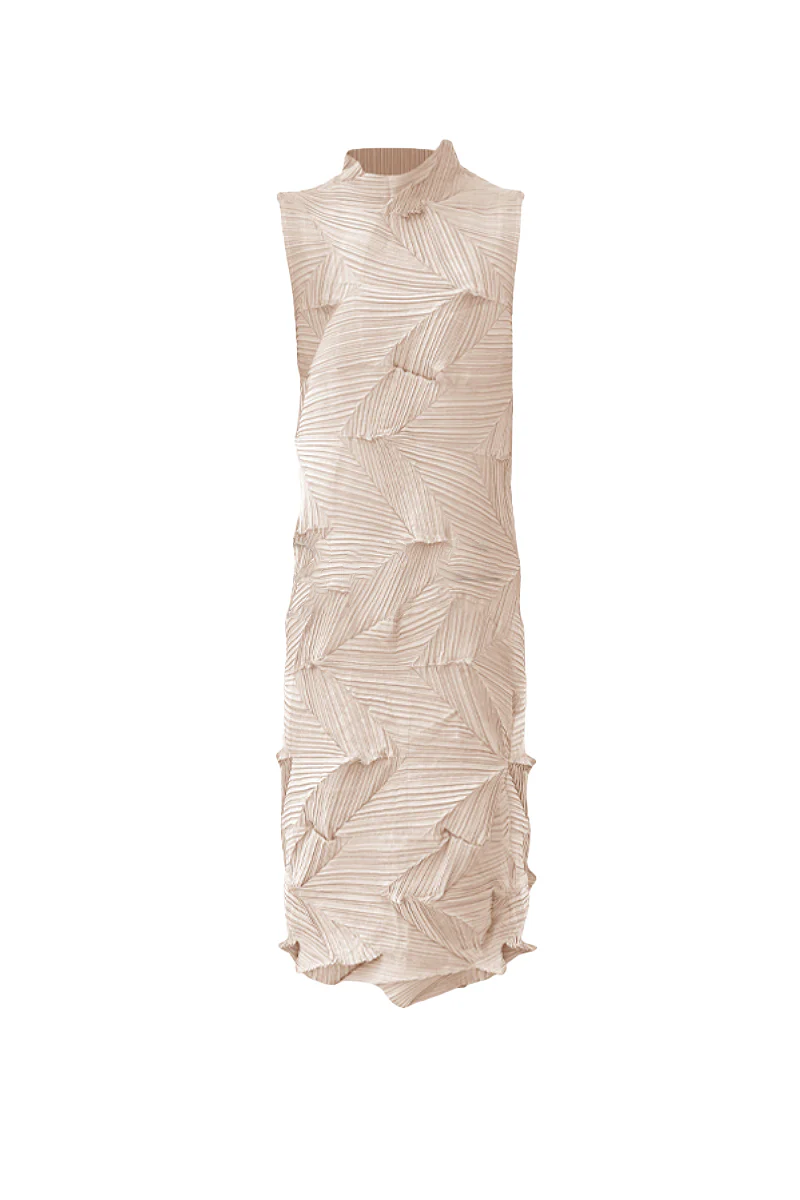Designer Inspired Pleated Sleeveless Midi Dress in Beige - HBQMJX