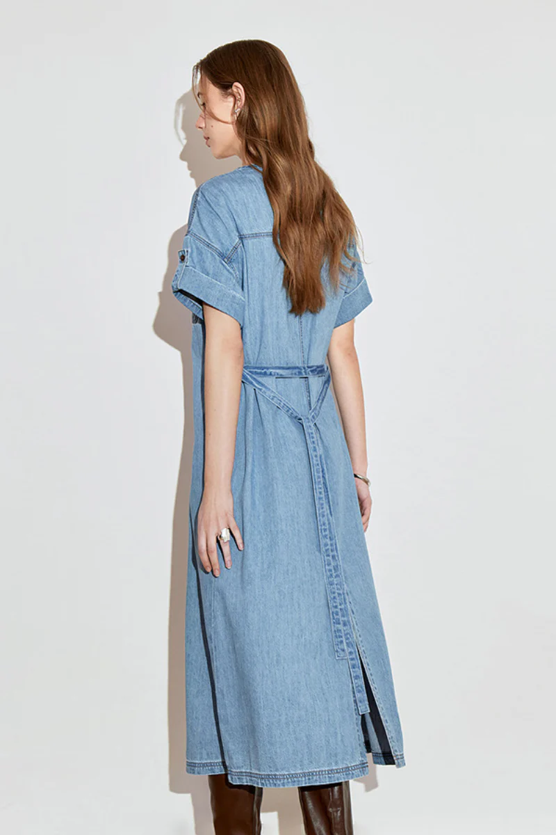 Denim Short-Sleeve Button-Up Belted Midi Shirt Dress with Back Slit - HBQMJX