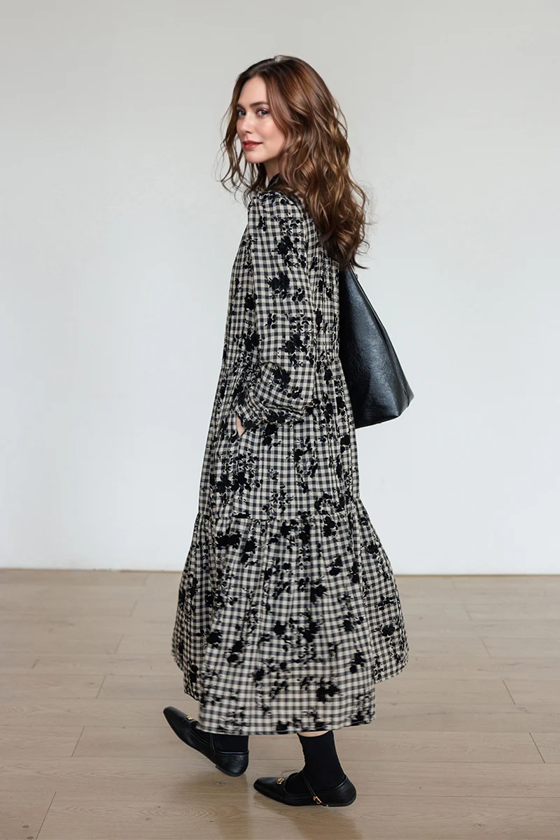 Tiered Long-Sleeve Button-Down A-Line Gingham Midi Dress - HBQMJX