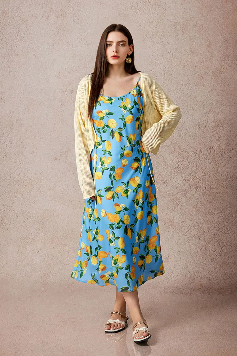 Blue Lemon Print Midi Slip Dress - HBQMJX