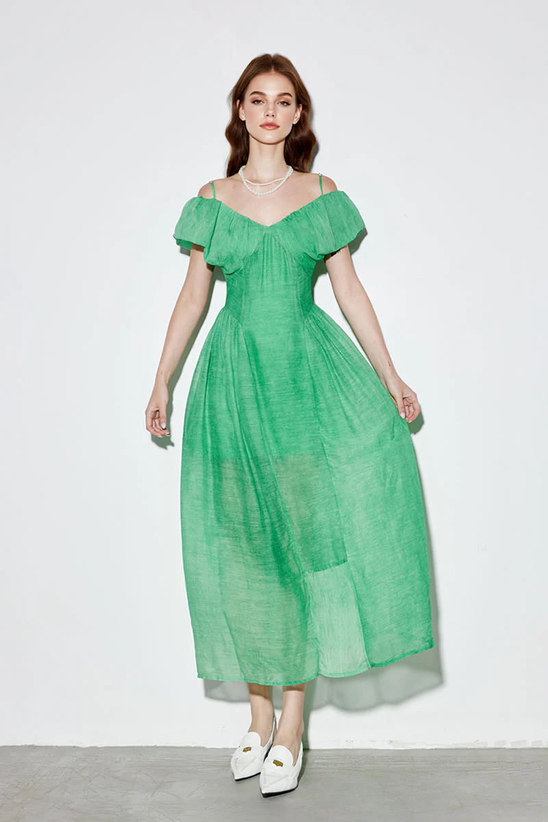 Green Silk-Wool Off-the-Shoulder A-Line Maxi Dress - HBQMJX