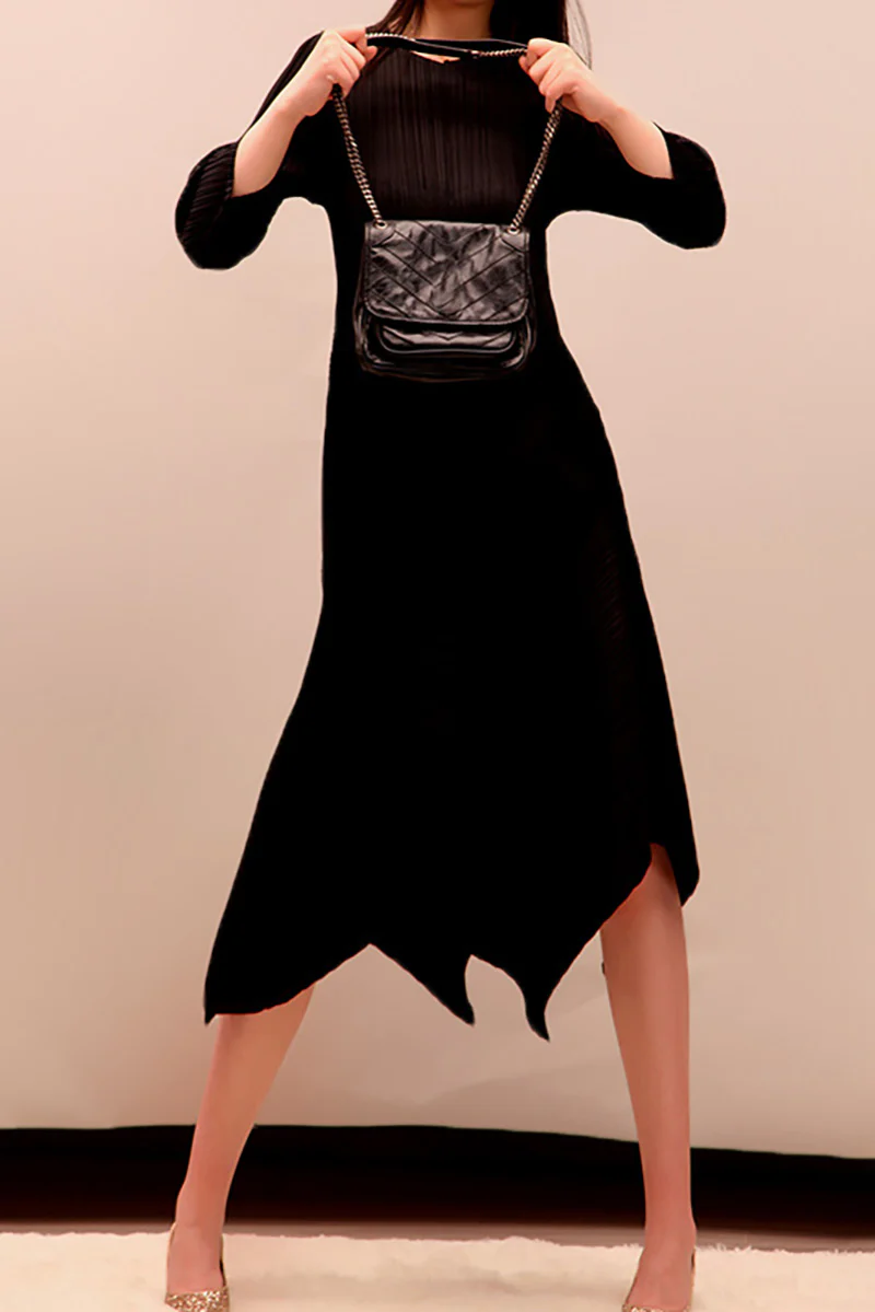 Pleated Long-Sleeve Midi Dress with Tulip Hem - HBQMJX